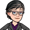 Older woman with salt and pepper hair, blue eyes, snarky smile, and nerdy glasses.