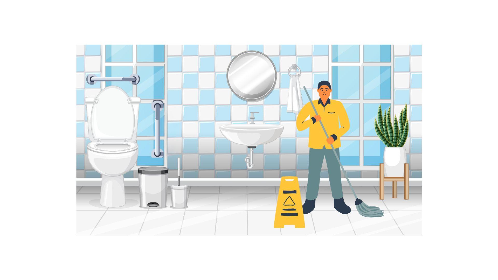 A smiling person cleaning a restroom.