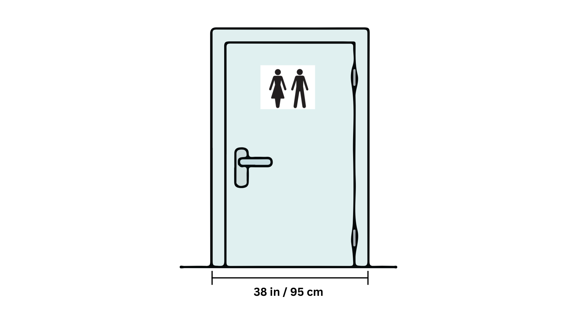 A restroom door with a bar indicating a width of 38 inches/95 centimeters.