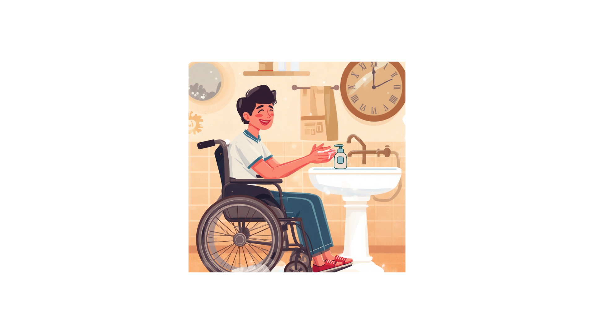 A smiling person using a wheelchair and washing their hands at a sink.