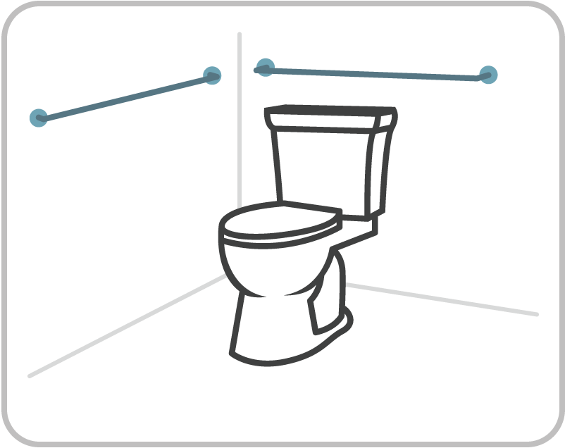 A drawing of a toilet in the corner of a room with grab bars