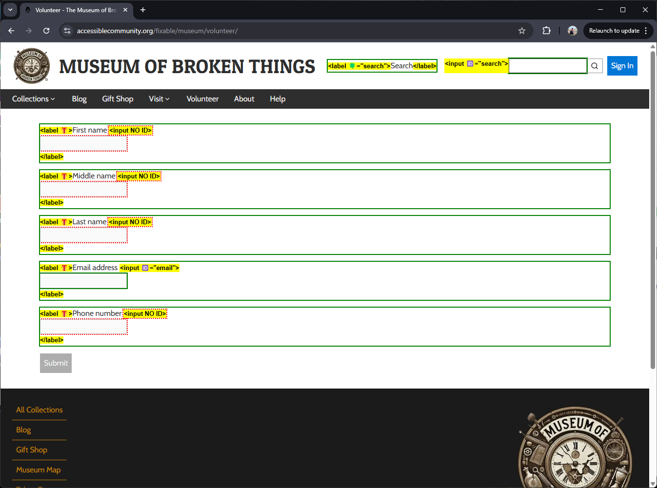 The top part of the screen is the ANDI panel, and below is the page we are testing. The first form field on the page we are testing is active, and it has a magenta outline. The ANDI panel is described in the following text.