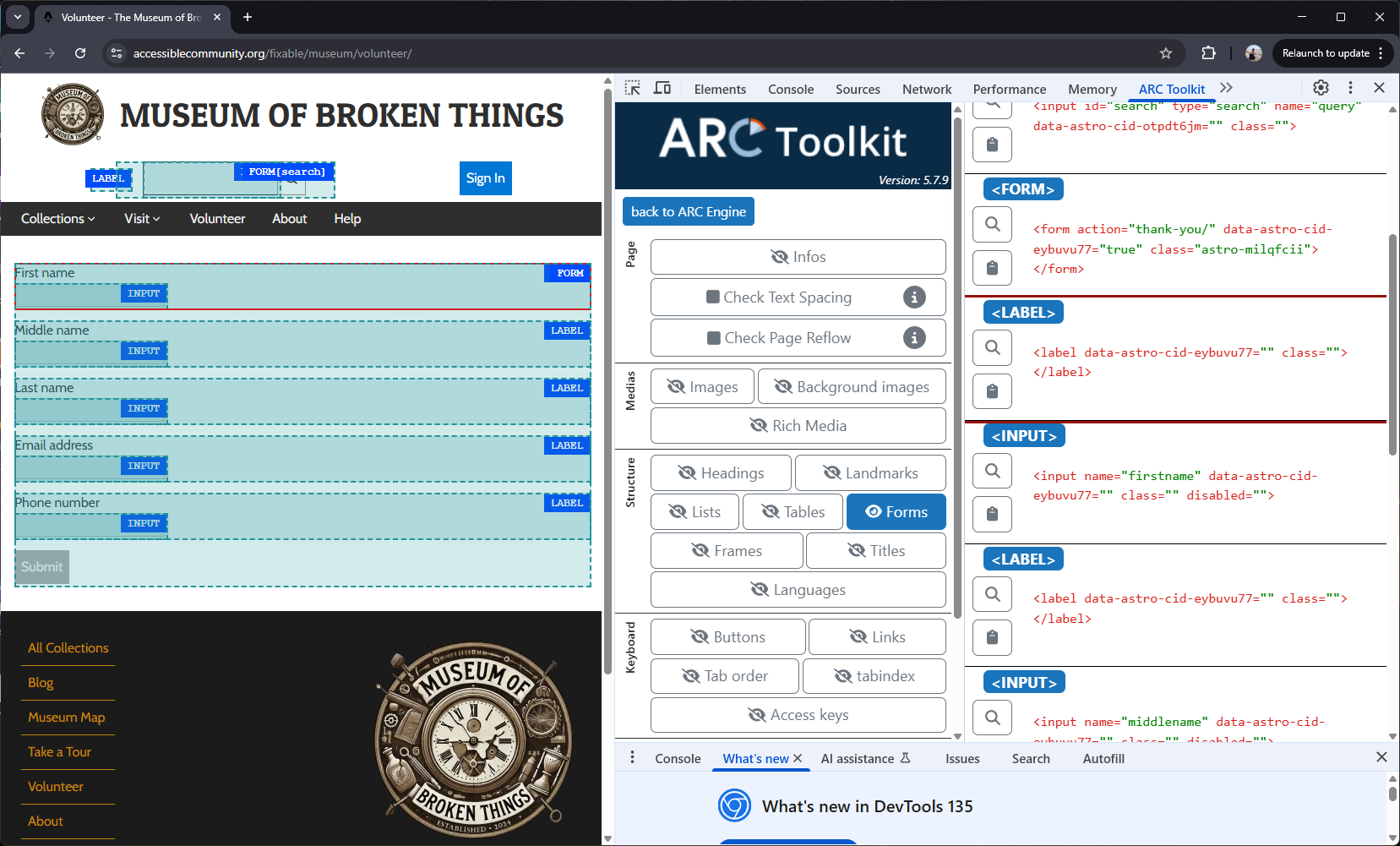 The ARC Toolkit report shows no error messages. Five out of ten best practices indicate that form labels have no explicit association with the fields they label.
