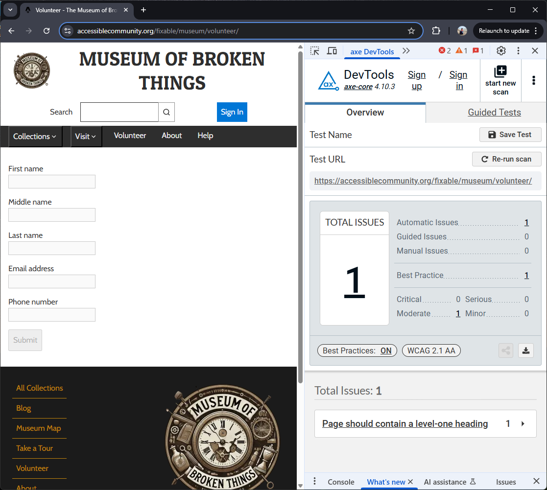 The axe DevTools report points to a moderate issue. The issue report states that the page should contain a level-one heading.