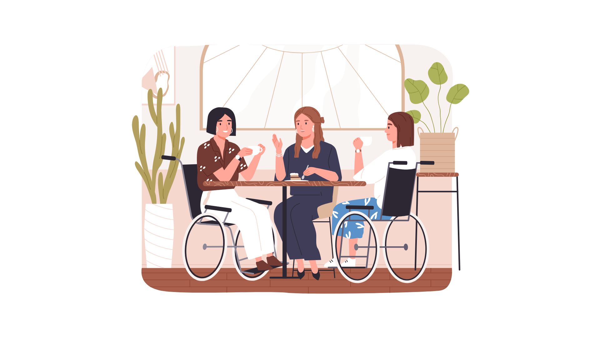 Two people using wheelchairs and a person in a chair sitting and speaking in a cafe setting.