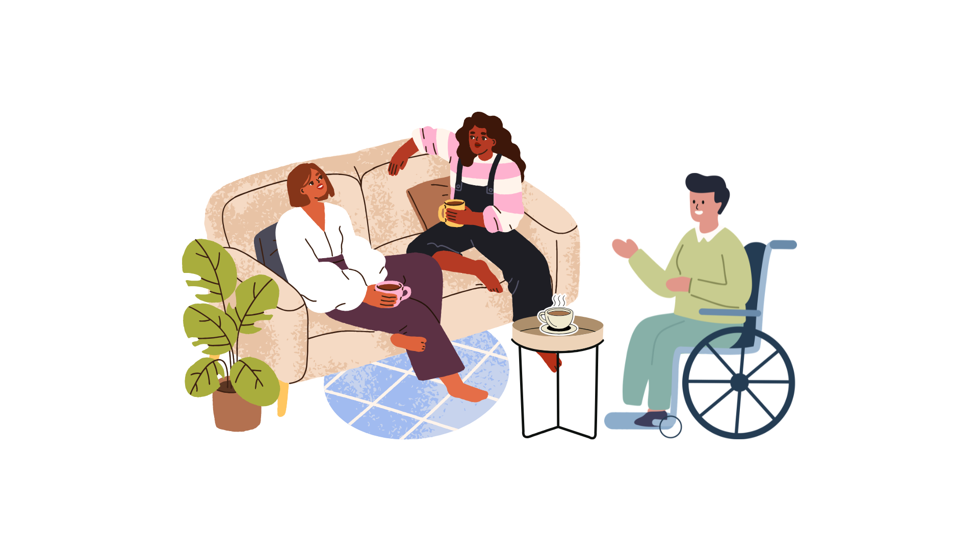 A person using a wheelchair sitting at a low table and speaking with two people sitting on a couch in a casual setting.