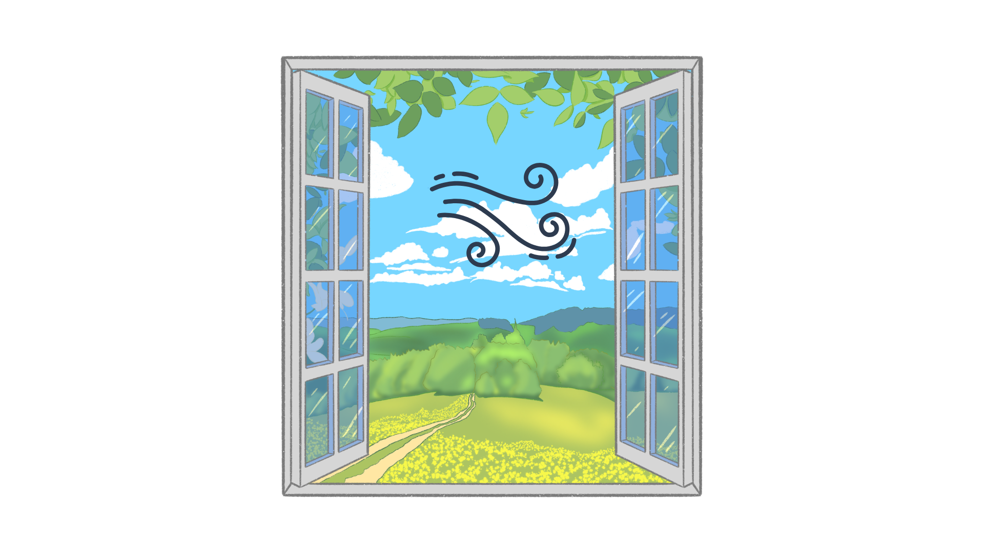 An open window with a breeze looking over a green field.