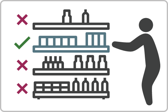 A person reaching a shelf at shoulder level.