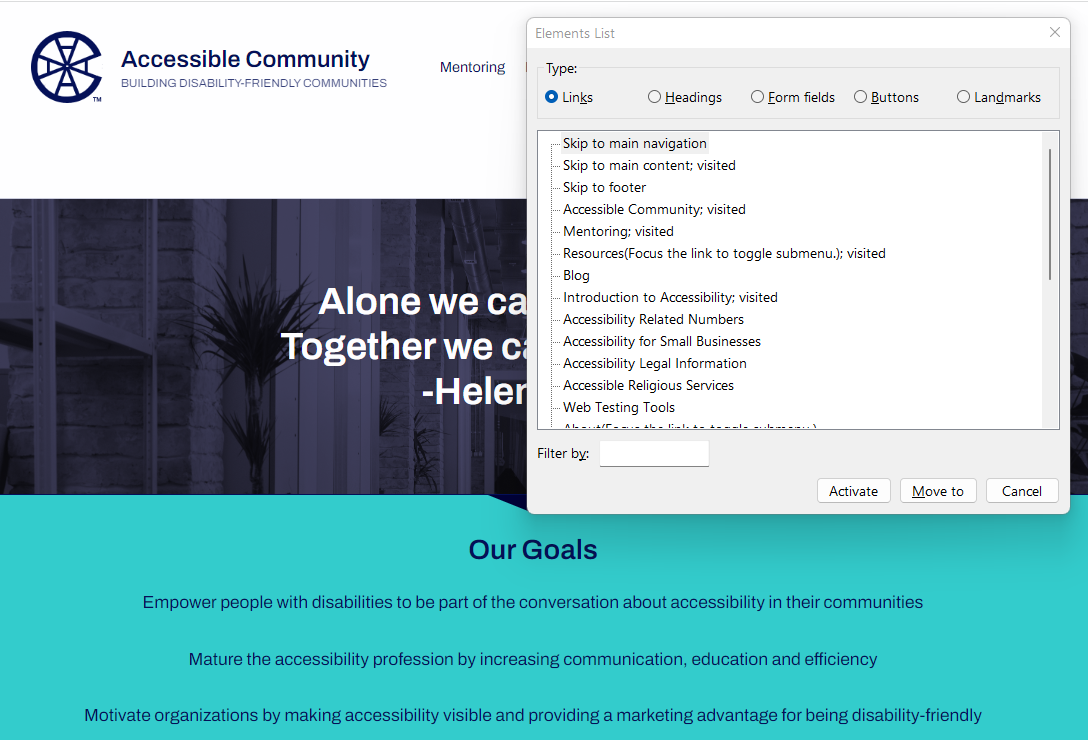 Screenshot shows the list of links generated by an NVDA screen reader for the Accessible Community Home Page. See text for full description.