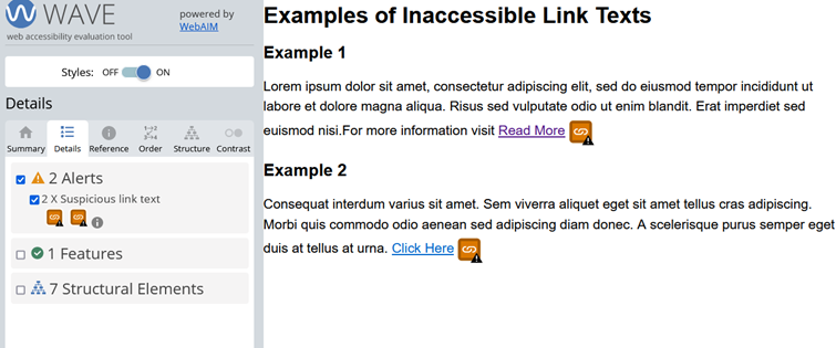 Screenshot of a website with two alerts for inaccessible links using the WAVE test tool. The first link alert contains the text "Read more," and the second contains the text: Click here.