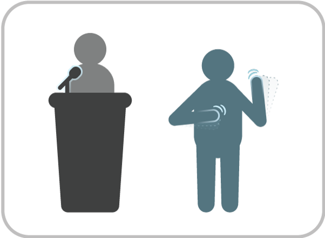 Icons represent a person speaking at a podium on a stage and a second person standing next to them providing sign language interpretation.