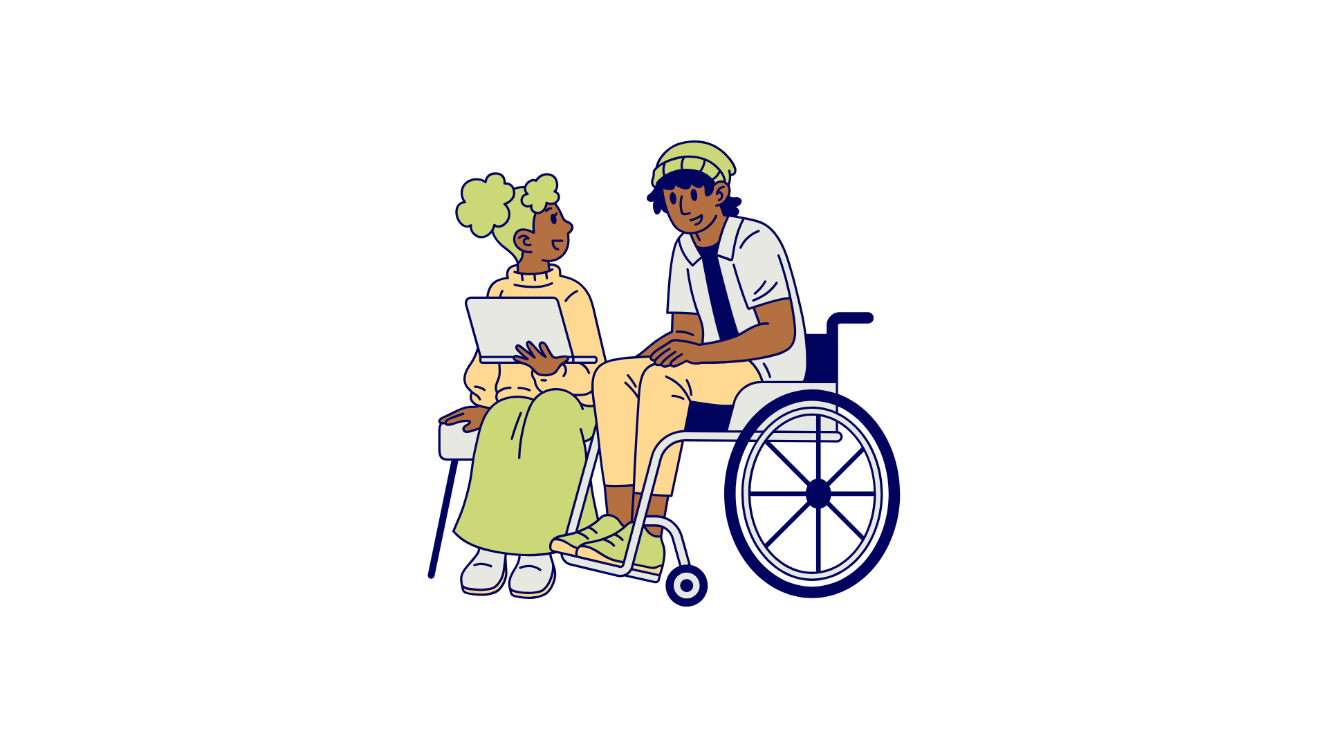 Two women of color, one on a bench and one in a wheelchair, sit while working together on a laptop.