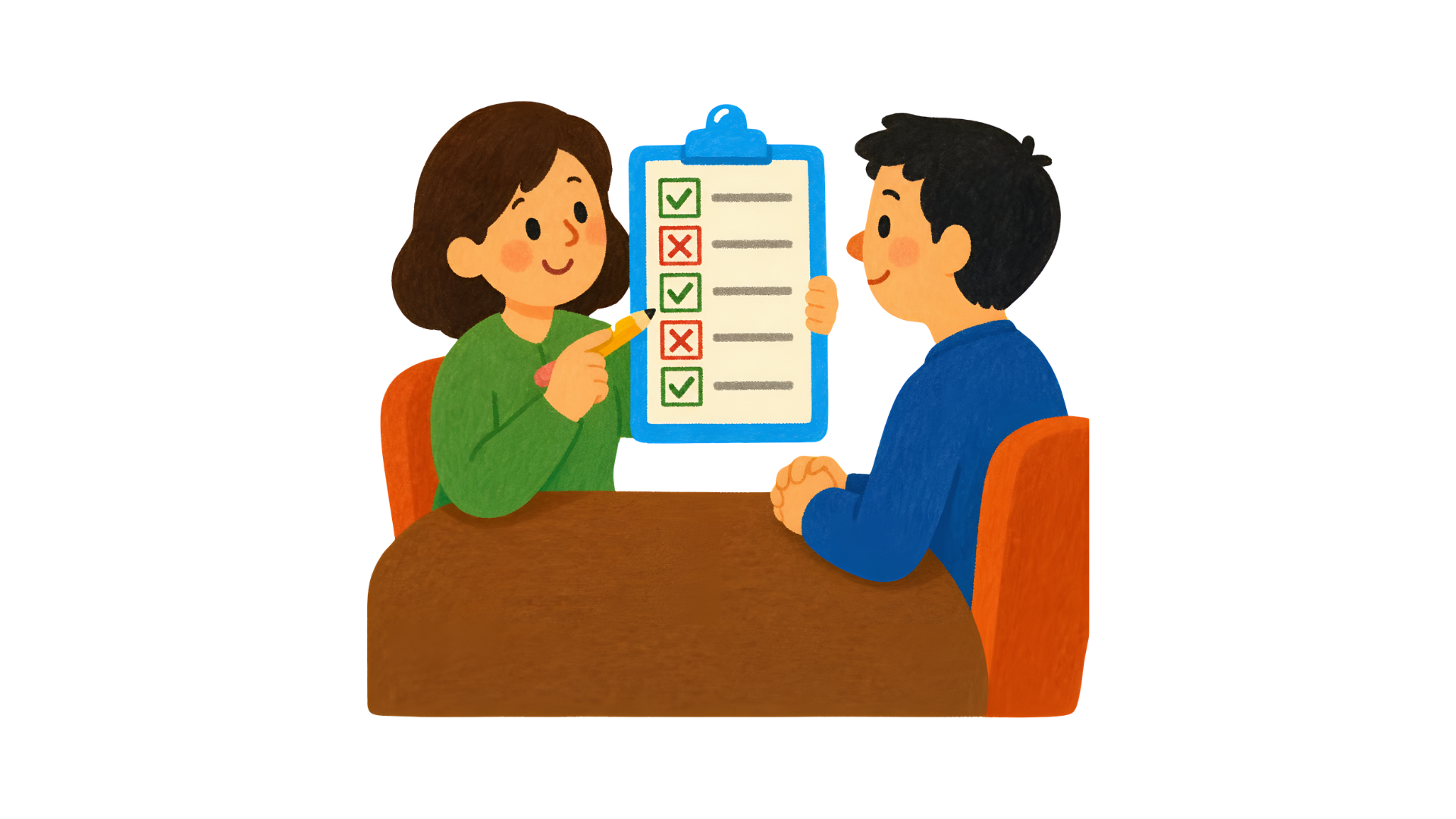 Two white people, a woman and a man, sit at a desk, and one is holding up a checklist.