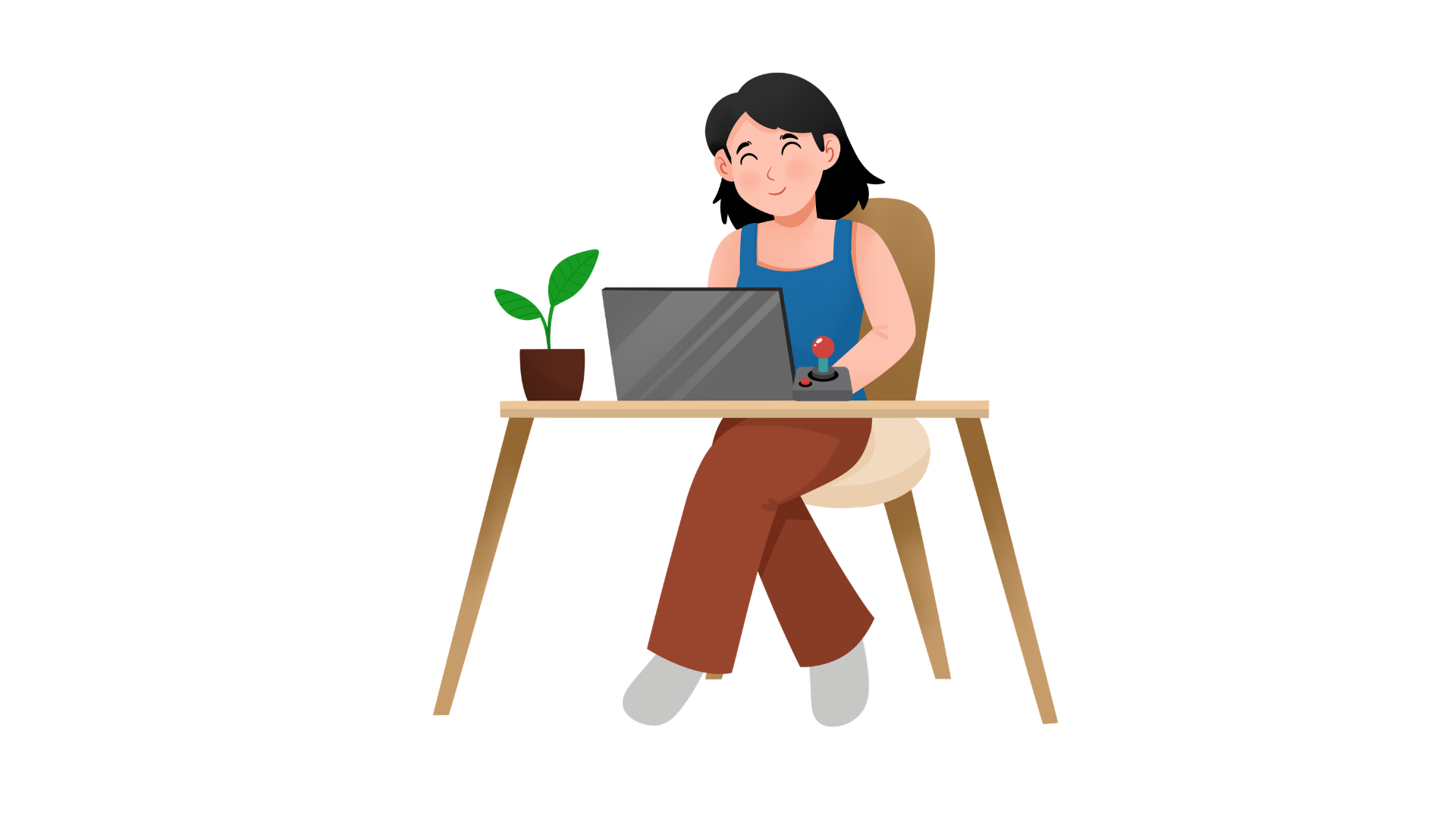 A smiling person at a desk with a computer and a joystick mouse.