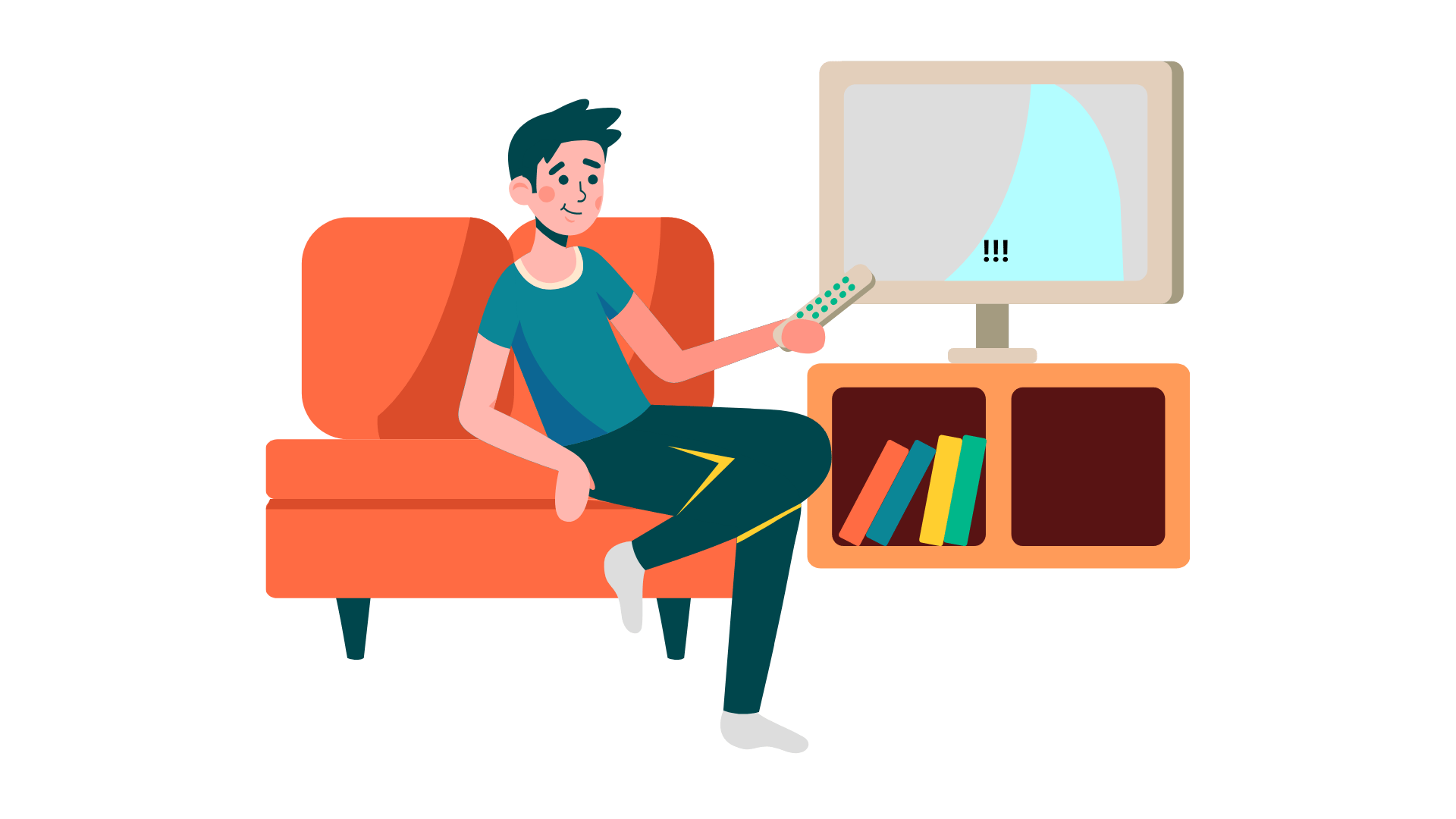 A person watching a television with a message of exclamation marks on the screen.
