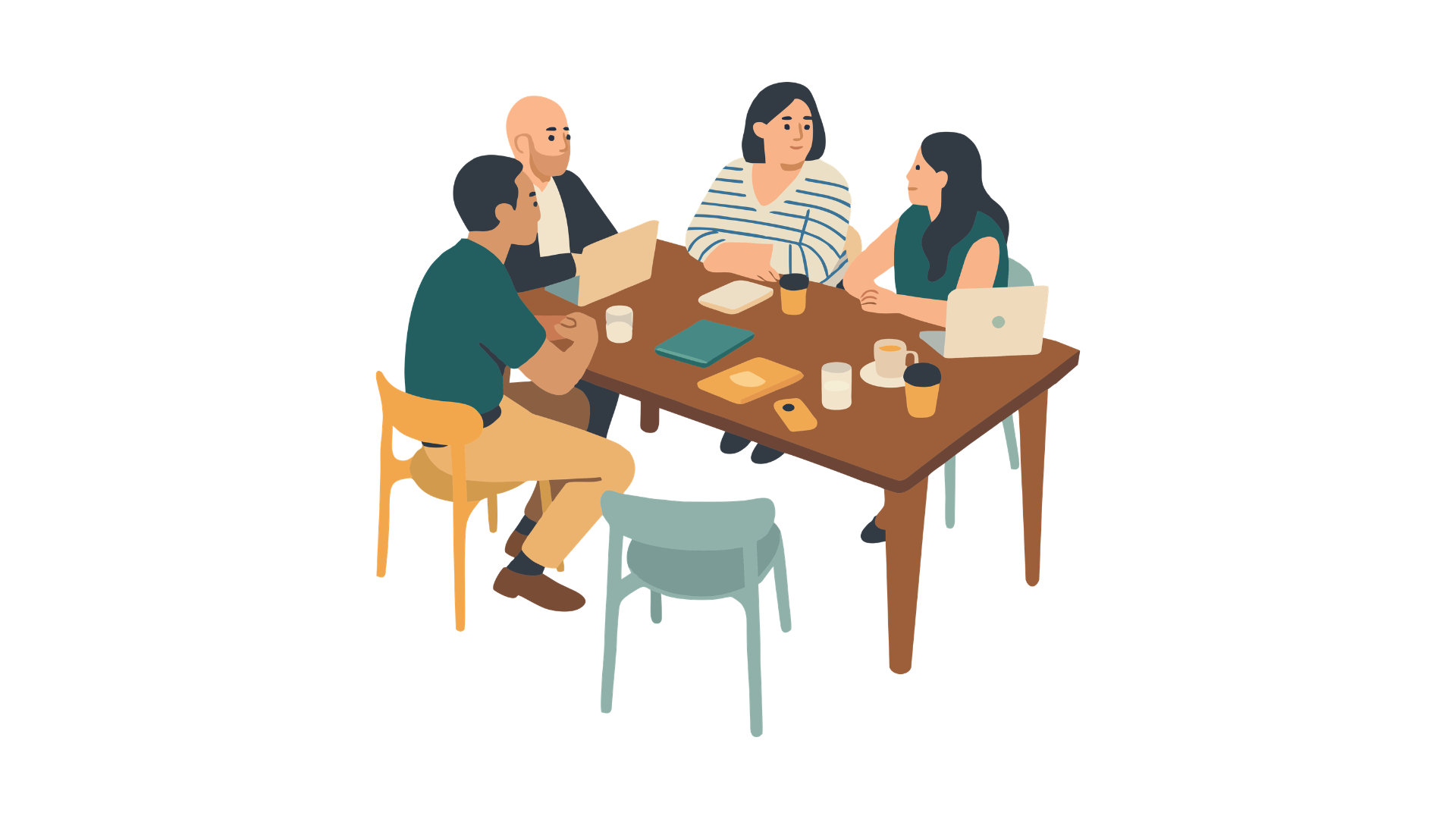 Four people sitting at a meeting table with computers. One person has a computer in front of them.
