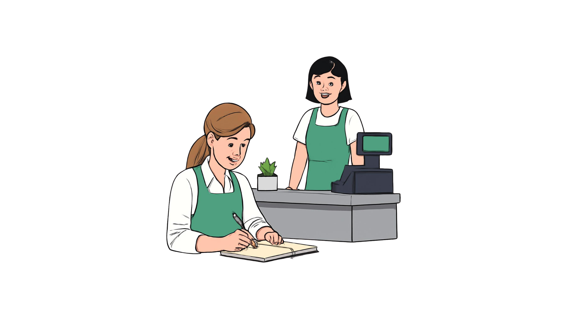 A woman writes in a notebook while a customer service worker behind her looks on.